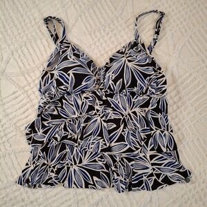 American Beach Women's Floral Tankini Swim Top Size 16 Black Blue White Tiered